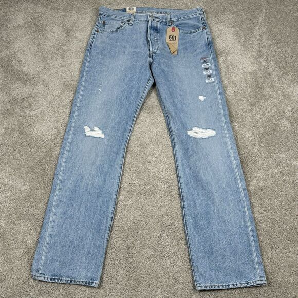 Levi's 501 Jeans Mens 33x32 Blue Denim Straight Leg Button Fly Stretch Distress - Picture 1 of 7